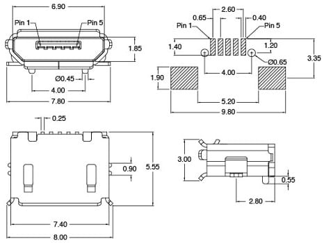 Micro Type B USB 2.0 SMD Mount - Diagram