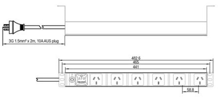 1U AUS GPO 8 Way Power Rail with Circuit Breaker Dimension jpg