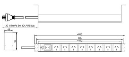 1U AUS GPO 8 Way Power Rail with Circuit Breaker & Switch Dimension jpg