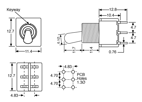 Mini Toggle Switch DPDT Heavy Duty Solder Tail - Dimensions jpg