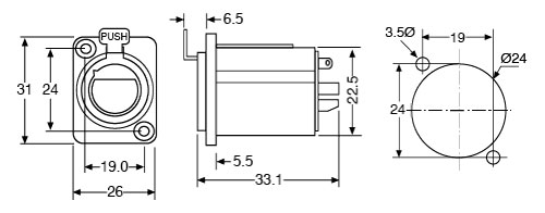 Technical illustration showing the dimensions of a 4 pin female chassis socket.